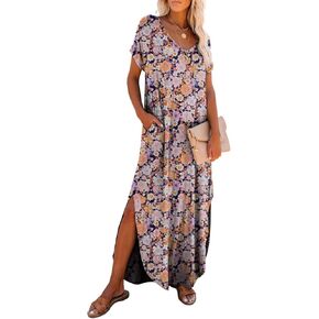 Dokotoo Womens Casual Summer Short Sleeve Long T Shirt Dress Split Maxi Dress Beach Dresses with Pockets
