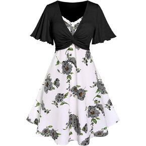 Rosegal Plus Size Women Floral Sundress Set Twisted Crop Top and Cottagecore Ruffles Floral Cami Dress