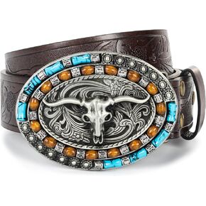 Vintage Turquoise-Buckle-Engraved-Cowgirl-Belts Western-Longhorn-Bull-Embossed-Cowboy-Leather-Belts