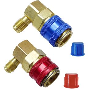 AC R134a Quick Coupler Adapter, 90 Degree Angle High Low Connector Kit with 1/4" SAE Male Flare, Auto Air Condition Freon Manifold Gauge Hose Conversion Set