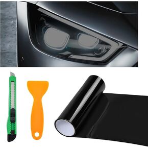 Car Light Tint Film, 11.8" × 47.2" Self-Adhesive Auto Light Wrap Film Roll with Cutter, Waterproof Vinyl Film Sticker for Fog Light Tail Light Headlight, Car Accessories (Dark Black)