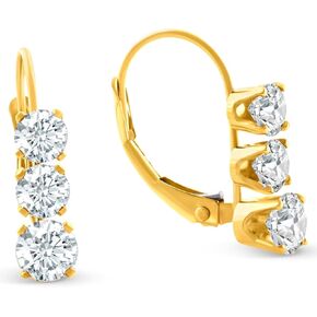 1/2ct 3 Stone Diamond Earrings 14K Yellow Gold Lever Back Hoops