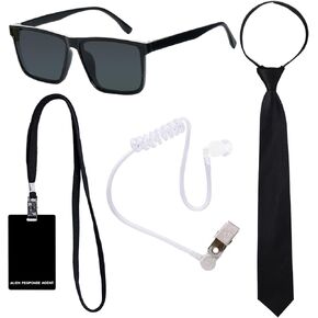 4 Pieces Agent Costume Set Secret Service Costume Accessories Fake Earpiece Black Sunglasses Adjustable Zipper Ties and ID Card for Men Boys Halloween Playing Cosplay Party
