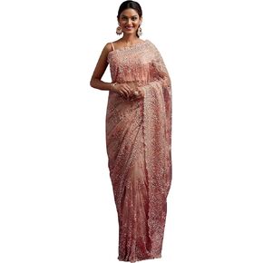 ساري نسائي شبكي مطرز ثقيل من TRENDMALLS مع قطعة بلوزة غير مخيطة (K997-Peach) in Kuwait