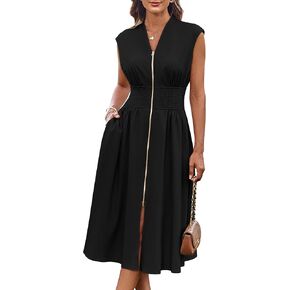 GRACE KARIN Womens Summer Casual Dress V Neck Cap Sleeve Zipper Front Flowy Midi Dress with Pockets