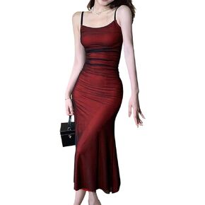 Women's Mesh Overlay Spaghetti Strap Dress Boho Sleeveless Bodycon Backless Midi Dress
