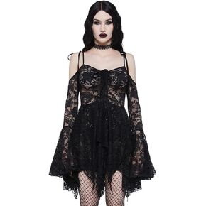 Dolls Kill F is for Fairies Handkerchief Dress by Current Mood - Off-Shoulder, Custom Fit Dress, Perfect for Fairycore Fashion - Black Lace, Small