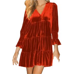 Women Velvet Dress V Neck Babydoll Tunic Dress Long Puff Sleeves Loose Flowy Swing Shift Dresses