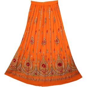 Tie Dye Yoga Trend Women's Sequined Crinkle Broomstick Gypsy Long Skirt (Orange)