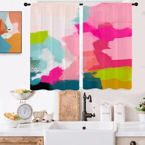 Watercolor Abstract Kitchen Curtains Mini 27.5'' W x 39'' L Hot Pink Teal Ombre Aesthetic Bright Minimalist Oil Painting Print Short Small Cafe Room Window Drapes Treatment Tiers Fabric 1 Pair