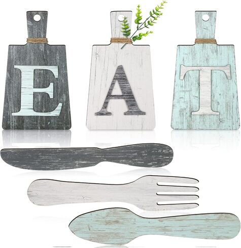 Blulu 6 Pieces Cutting Board Eat Sign Set Hanging Kitchen Eat Sign Fork and Spoon Wall Decor Rustic Farmhouse Kitchen Decor for Kitchen and Home Decoration Art(Classic Color) in Saudi Arabia