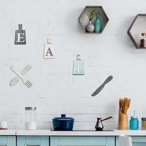 Blulu 6 Pieces Cutting Board Eat Sign Set Hanging Kitchen Eat Sign Fork and Spoon Wall Decor Rustic Farmhouse Kitchen Decor for Kitchen and Home Decoration Art(Classic Color) in Saudi Arabia