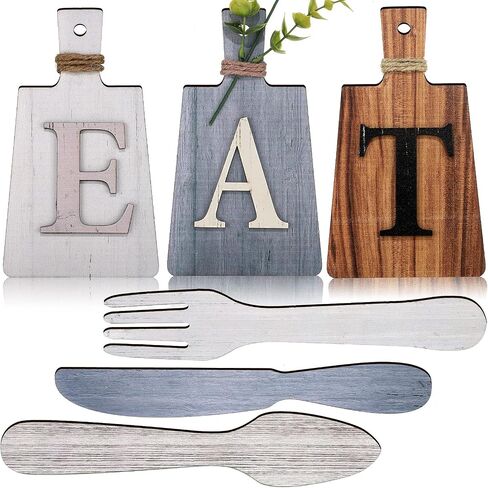 Blulu 6 Pieces Cutting Board Eat Sign Set Hanging Kitchen Eat Sign Fork and Spoon Wall Decor Rustic Farmhouse Kitchen Decor for Kitchen and Home Decoration Art(Classic Color) in Saudi Arabia