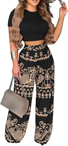 Womens 2 Piece Lounge Sets Casual Comfy Tracksuits Outfits Crop Tops Round Neck Wide Leg Pants Short Sleeve Jumpsuits in Kuwait