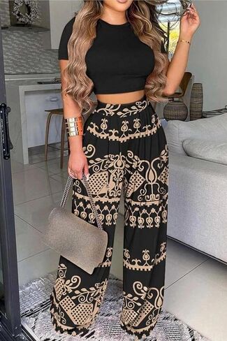 Womens 2 Piece Lounge Sets Casual Comfy Tracksuits Outfits Crop Tops Round Neck Wide Leg Pants Short Sleeve Jumpsuits in Kuwait