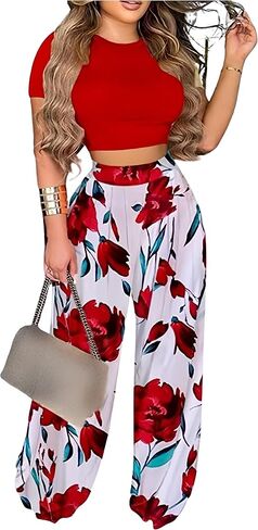 Womens 2 Piece Lounge Sets Casual Comfy Tracksuits Outfits Crop Tops Round Neck Wide Leg Pants Short Sleeve Jumpsuits in Saudi Arabia