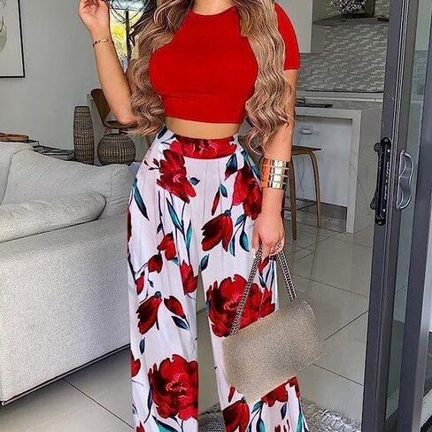 Womens 2 Piece Lounge Sets Casual Comfy Tracksuits Outfits Crop Tops Round Neck Wide Leg Pants Short Sleeve Jumpsuits in Saudi Arabia