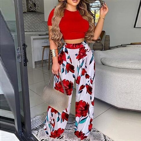 Womens 2 Piece Lounge Sets Casual Comfy Tracksuits Outfits Crop Tops Round Neck Wide Leg Pants Short Sleeve Jumpsuits in Saudi Arabia