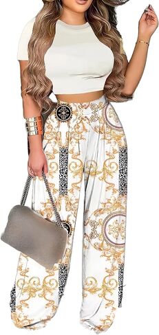Womens 2 Piece Lounge Sets Casual Comfy Tracksuits Outfits Crop Tops Round Neck Wide Leg Pants Short Sleeve Jumpsuits in Saudi Arabia