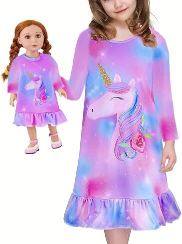 Bow Dream Toddler Girls Cartoon Dress and Matching American Girl Doll Clothes for Girls Long Sleeve in Kuwait