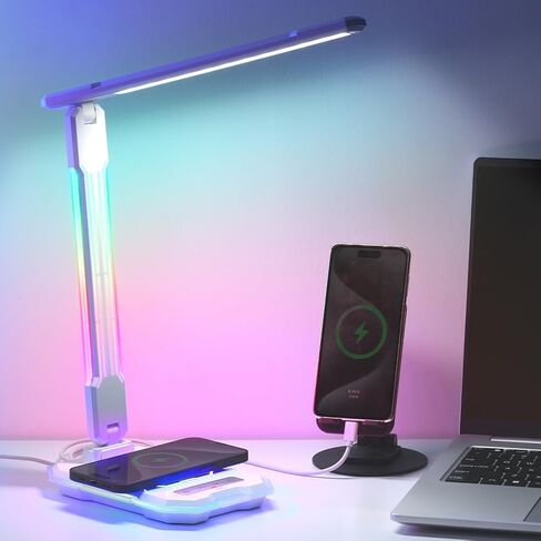 مصباح مكتب LED من WILIT مع شاحن لاسلكي، مصباح ألعاب تفاعلي متغير اللون RGB مع منفذ شحن USB، مصباح طاولة للتحكم باللمس، مصباح للقراءة، مصباح سطح المكتب للمكتب المنزلي، هدايا عيد الميلاد in Kuwait