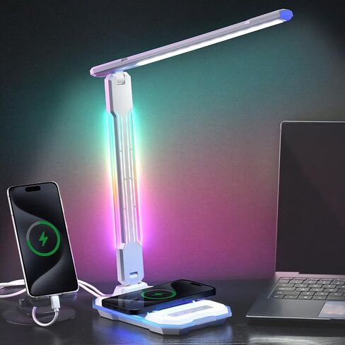 مصباح مكتب LED من WILIT مع شاحن لاسلكي، مصباح ألعاب تفاعلي متغير اللون RGB مع منفذ شحن USB، مصباح طاولة للتحكم باللمس، مصباح للقراءة، مصباح سطح المكتب للمكتب المنزلي، هدايا عيد الميلاد in Kuwait