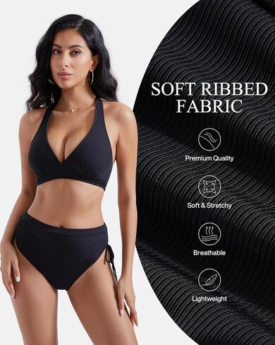 RXRXCOCO Women High Waisted Bikini Sets Halter Tummy Control Swimsuit Ribbed V Neck Bathing Suits in Saudi Arabia