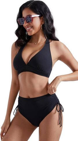 RXRXCOCO Women High Waisted Bikini Sets Halter Tummy Control Swimsuit Ribbed V Neck Bathing Suits in Saudi Arabia