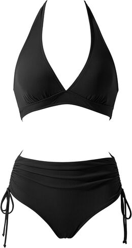 RXRXCOCO Women High Waisted Bikini Sets Halter Tummy Control Swimsuit Ribbed V Neck Bathing Suits in Saudi Arabia