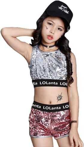 LOLANTA Teen Sequins Costume, Summer Dance Outfits, Kids Hip Hop Clothes, Crop Sequin Vest and Shorts Set in Saudi Arabia