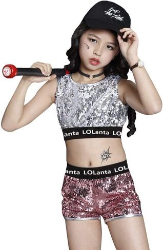 LOLANTA Teen Sequins Costume, Summer Dance Outfits, Kids Hip Hop Clothes, Crop Sequin Vest and Shorts Set in Saudi Arabia