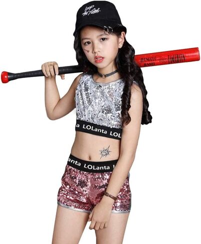 LOLANTA Teen Sequins Costume, Summer Dance Outfits, Kids Hip Hop Clothes, Crop Sequin Vest and Shorts Set in Saudi Arabia