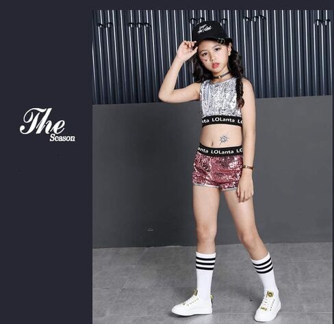 LOLANTA Teen Sequins Costume, Summer Dance Outfits, Kids Hip Hop Clothes, Crop Sequin Vest and Shorts Set in Saudi Arabia