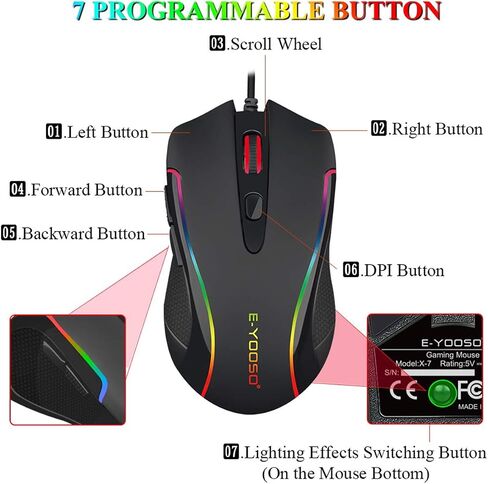 E-YOOSO Large Gaming Mouse, X-41 Wired Mice, 5 Level 12400 DPI, Software Supports DIY, 6 Side Buttons Computer Mouse for PC/Mac and Laptop - Black in Saudi Arabia