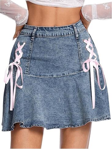 Milumia Women's Y2k Lace Up Front Flared Skirt Ruffle Hem Denim Mini Skirts in Saudi Arabia
