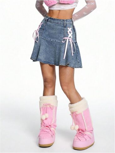 Milumia Women's Y2k Lace Up Front Flared Skirt Ruffle Hem Denim Mini Skirts in Saudi Arabia
