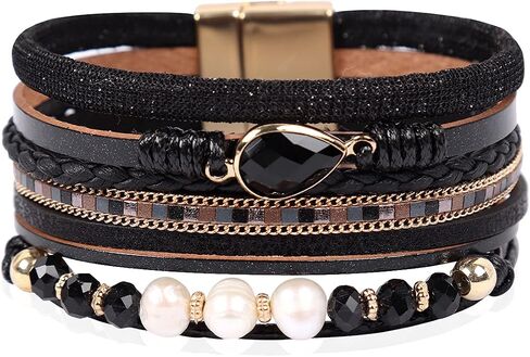 RIAH FASHION Bohemian Leatherette Wrap Multi Layer Statement Bracelet - Wrist Cuff Cubic Rhinestone, Sparkly Bead, Faux Leopard Skin, Natural Stone Pearl in Saudi Arabia