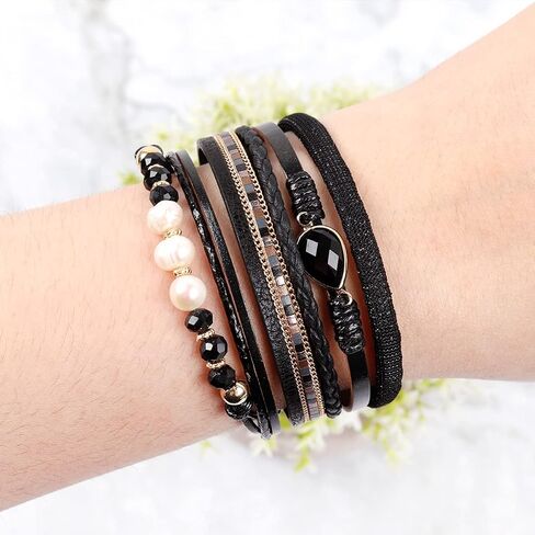 RIAH FASHION Bohemian Leatherette Wrap Multi Layer Statement Bracelet - Wrist Cuff Cubic Rhinestone, Sparkly Bead, Faux Leopard Skin, Natural Stone Pearl in Saudi Arabia
