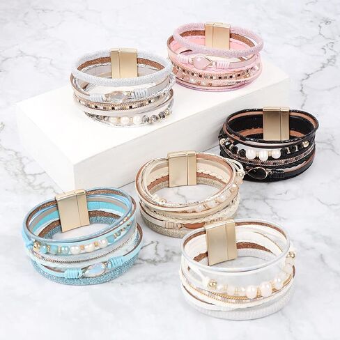 RIAH FASHION Bohemian Leatherette Wrap Multi Layer Statement Bracelet - Wrist Cuff Cubic Rhinestone, Sparkly Bead, Faux Leopard Skin, Natural Stone Pearl in Saudi Arabia
