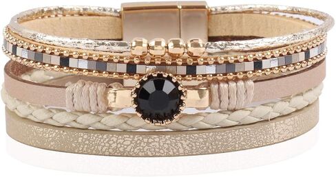 RIAH FASHION Bohemian Leatherette Wrap Multi Layer Statement Bracelet - Wrist Cuff Cubic Rhinestone, Sparkly Bead, Faux Leopard Skin, Natural Stone Pearl in Saudi Arabia