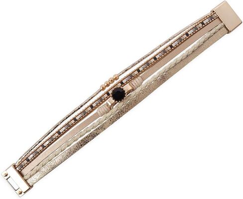 RIAH FASHION Bohemian Leatherette Wrap Multi Layer Statement Bracelet - Wrist Cuff Cubic Rhinestone, Sparkly Bead, Faux Leopard Skin, Natural Stone Pearl in Saudi Arabia