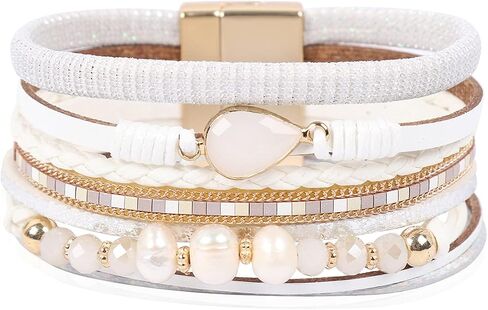 RIAH FASHION Bohemian Leatherette Wrap Multi Layer Statement Bracelet - Wrist Cuff Cubic Rhinestone, Sparkly Bead, Faux Leopard Skin, Natural Stone Pearl in Saudi Arabia