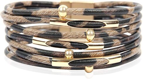 RIAH FASHION Bohemian Leatherette Wrap Multi Layer Statement Bracelet - Wrist Cuff Cubic Rhinestone, Sparkly Bead, Faux Leopard Skin, Natural Stone Pearl in Saudi Arabia