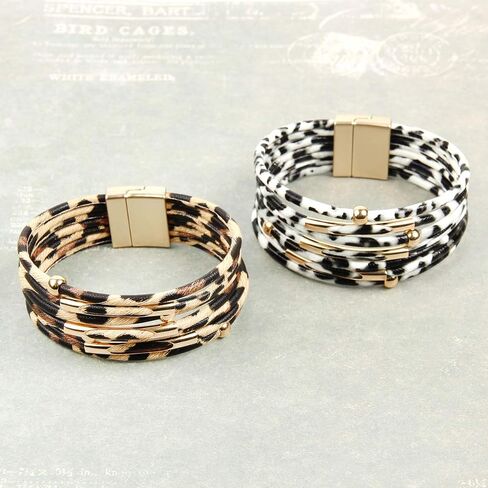RIAH FASHION Bohemian Leatherette Wrap Multi Layer Statement Bracelet - Wrist Cuff Cubic Rhinestone, Sparkly Bead, Faux Leopard Skin, Natural Stone Pearl in Saudi Arabia