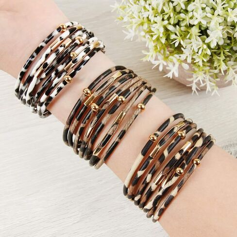 RIAH FASHION Bohemian Leatherette Wrap Multi Layer Statement Bracelet - Wrist Cuff Cubic Rhinestone, Sparkly Bead, Faux Leopard Skin, Natural Stone Pearl in Saudi Arabia