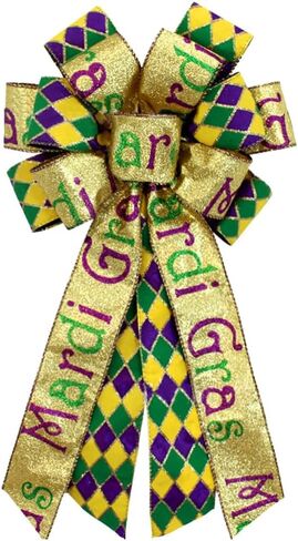 Large Mardi Gras Bow for Wreath, 20 * 11inch Green Purple Metallic Glitter Wreath Bow Carnival Festival Diamond Decorative Bow for New Orleans Fat Tuesday Home Outdoor Indoor Party in Kuwait
