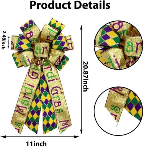 Large Mardi Gras Bow for Wreath, 20 * 11inch Green Purple Metallic Glitter Wreath Bow Carnival Festival Diamond Decorative Bow for New Orleans Fat Tuesday Home Outdoor Indoor Party in Kuwait