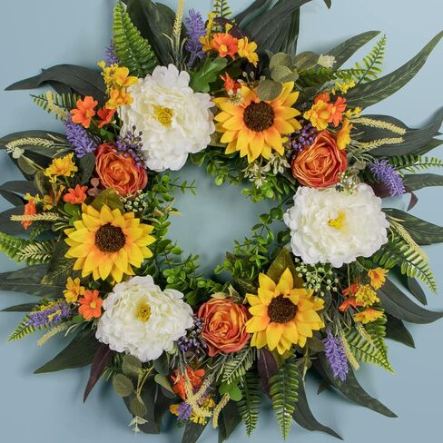 Kmise Spring Wreath Fall Decor Wreath for Front Door-22 Inch Summer Peony Eucalyptus Wreaths for Front Porch Farmhouse Home Decor in Saudi Arabia