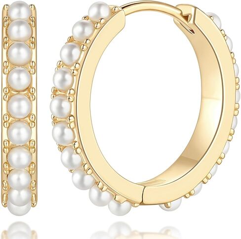 Pearl Earrings for Women 14K Gold Pearl Hoop Earrings for Women Small Gold Pearl Earrings Dainty Pearl Earrings Elegance Gold Pearl Huggie Hoop Earrings 13 MM/18 MM in Saudi Arabia