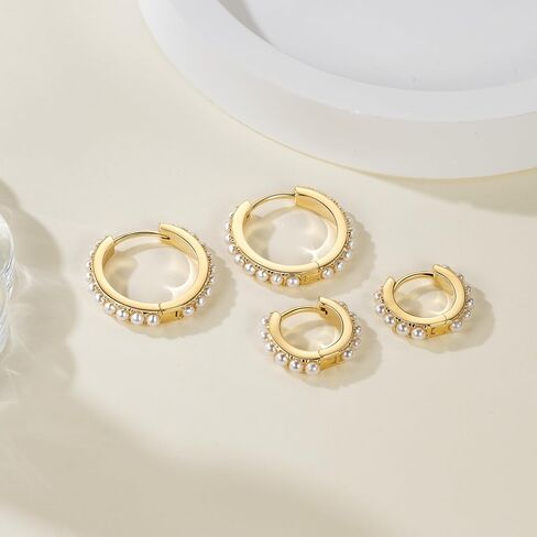 Pearl Earrings for Women 14K Gold Pearl Hoop Earrings for Women Small Gold Pearl Earrings Dainty Pearl Earrings Elegance Gold Pearl Huggie Hoop Earrings 13 MM/18 MM in Saudi Arabia